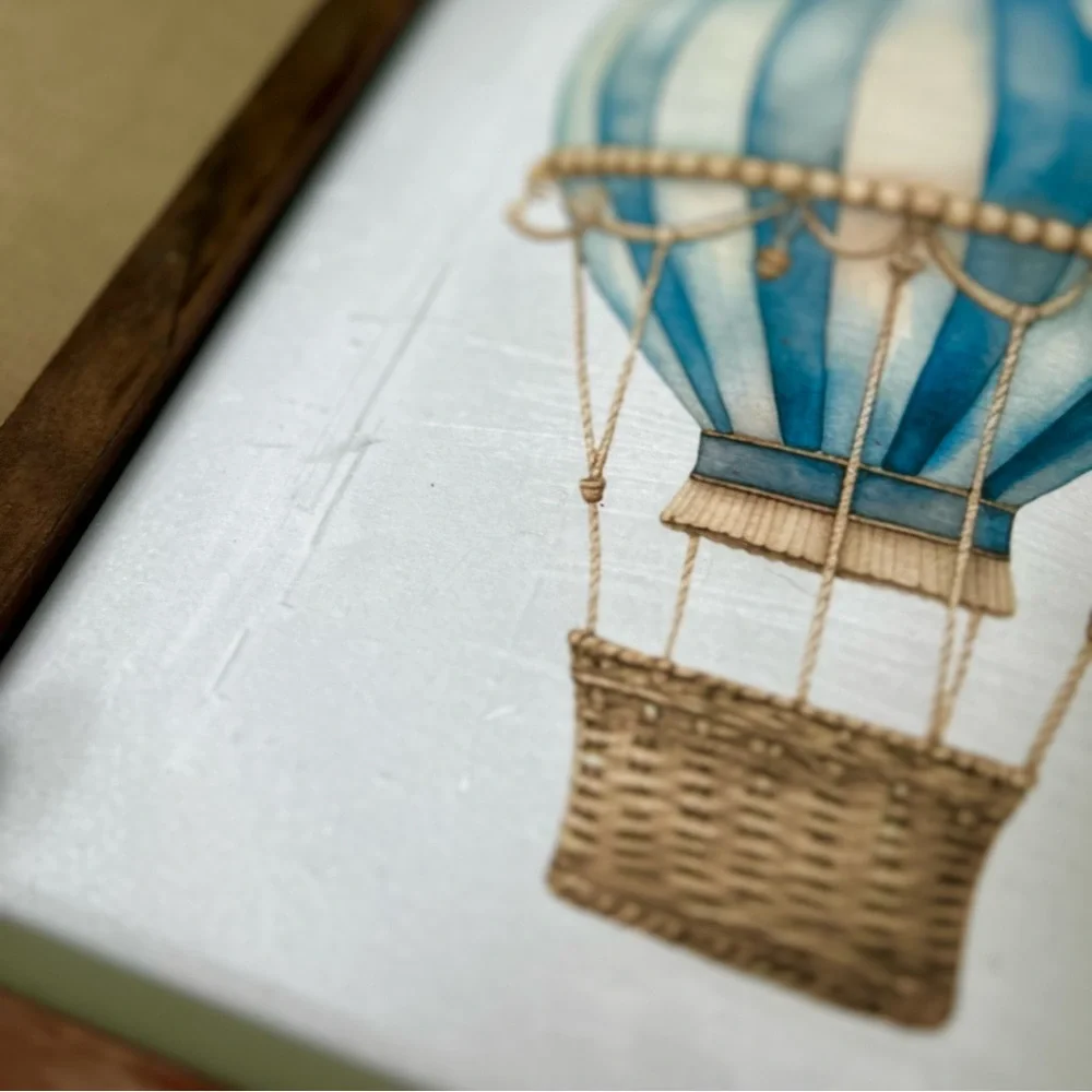 Vintage Rustic Wood Framed Blue Hot Air Balloon Wall Hanging Unique Decor Art - Picture 4 of 8
